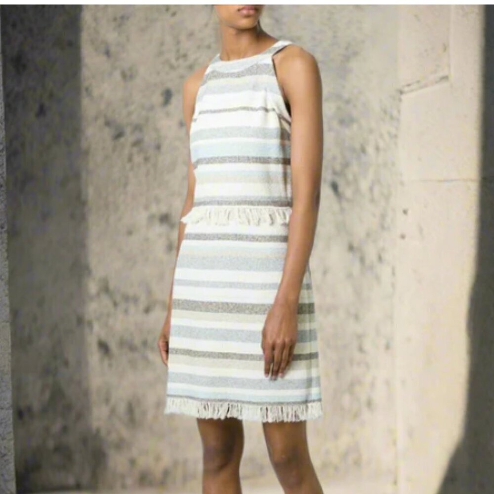 Tory Burch Mini Fringed Boho Dress 10 Ivory Sleeveless Cotton Sheath Stripe - Picture 1 of 8